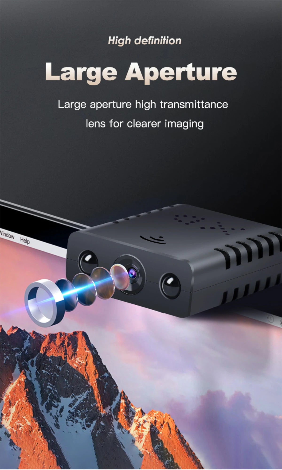 Black plastic camera device with a multiple-lens system detached to show internal optical layers.