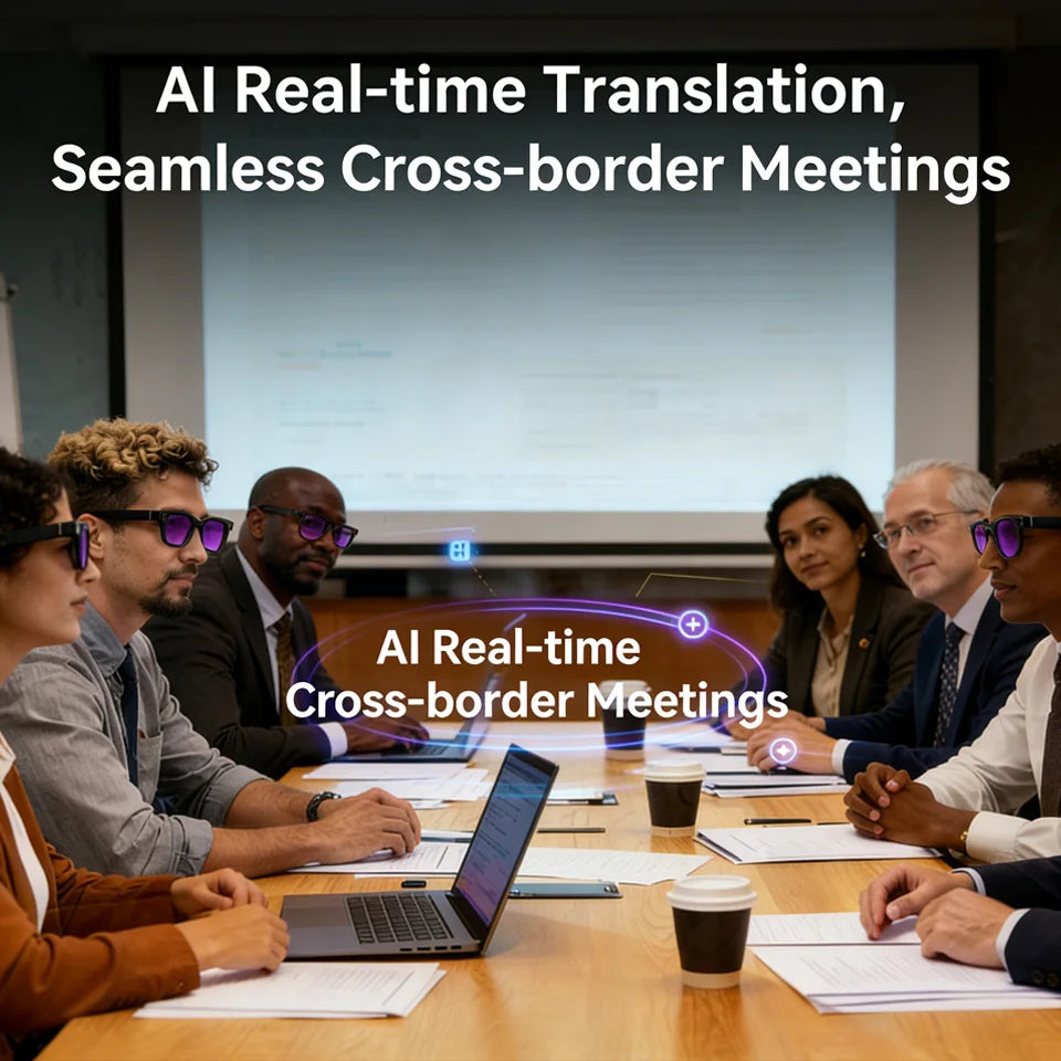 People in a boardroom wearing sleek black AI smart glasses for real-time meeting translation and video recording.
