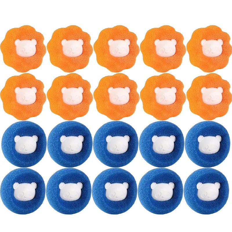 Twenty round, orange and blue sponge hair rollers, each featuring a cute 3D bear face in the centre.