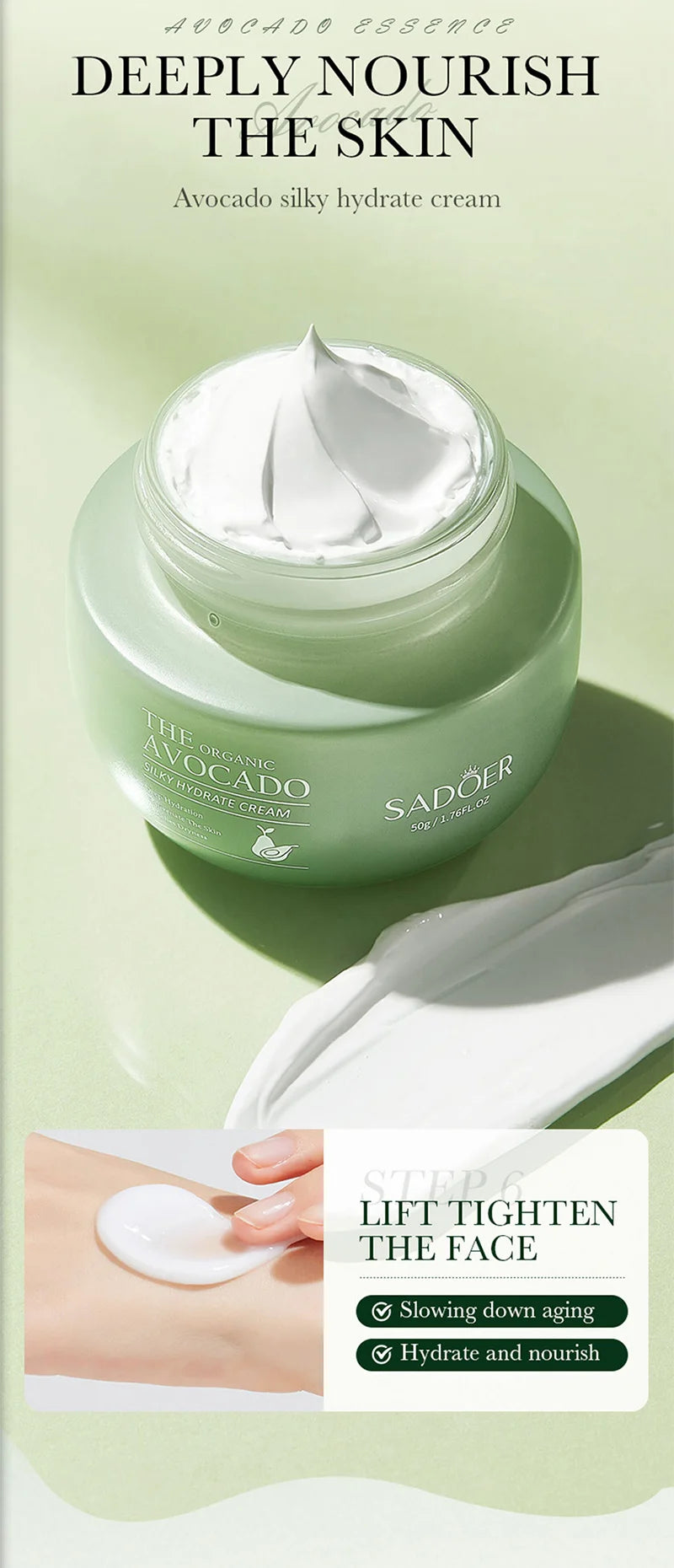 A jar of pale green avocado hydrating face cream with a rich, white silky texture being applied to skin.
