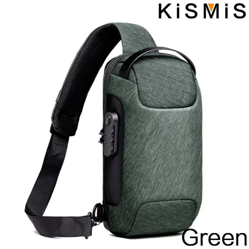 Dark green anti-theft crossbody shoulder bag with a built-in USB port and secure combination lock.