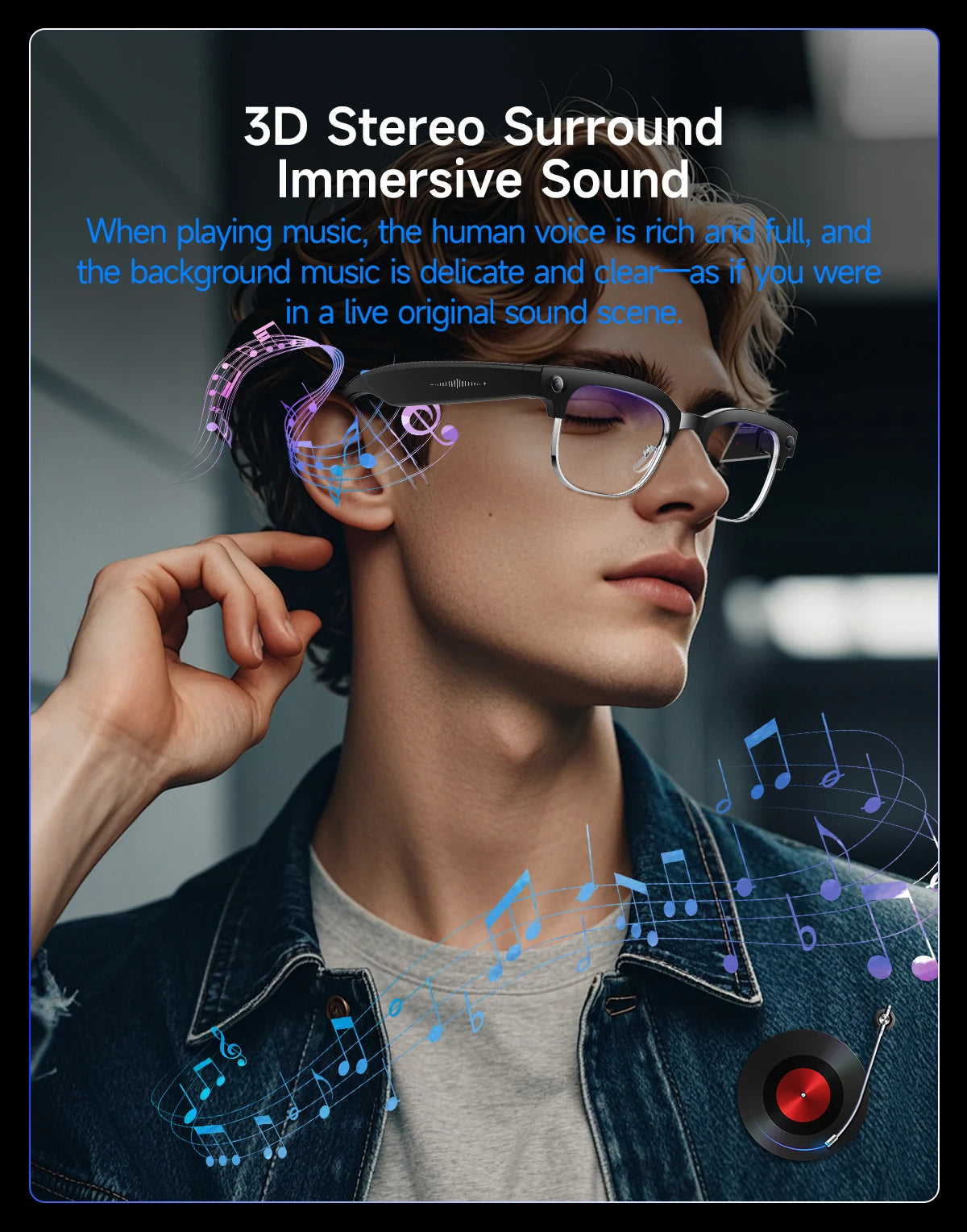 A young man wearing sleek, black smart glasses with an integrated camera, accented by musical note graphics.