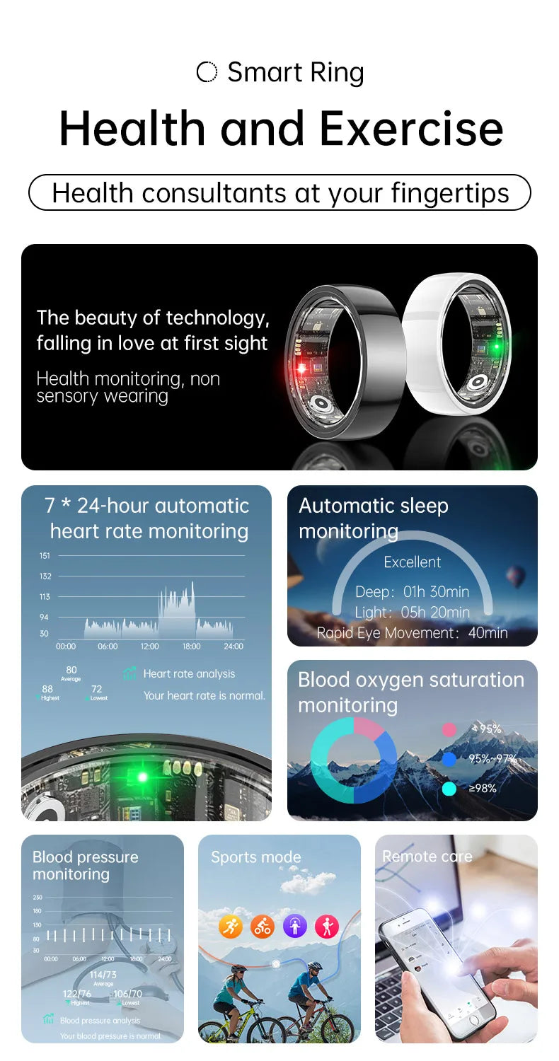 Black and white smart fitness rings featuring sensors for heart rate, sleep, blood oxygen, and activity tracking.