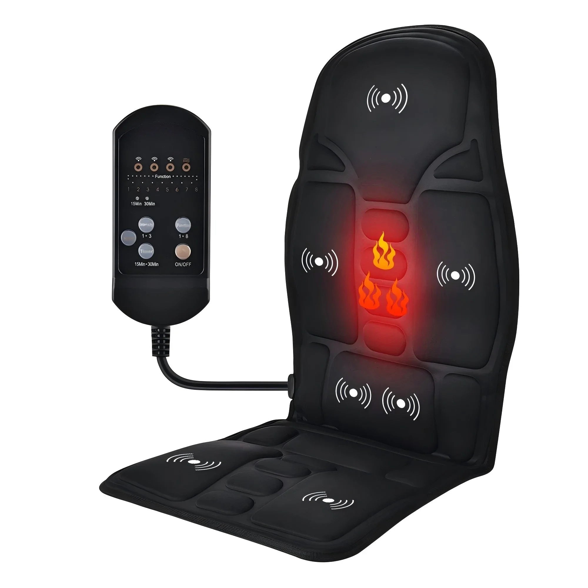 Black heated massage seat cushion with remote control, showing massage zones and heat icons on a white background.