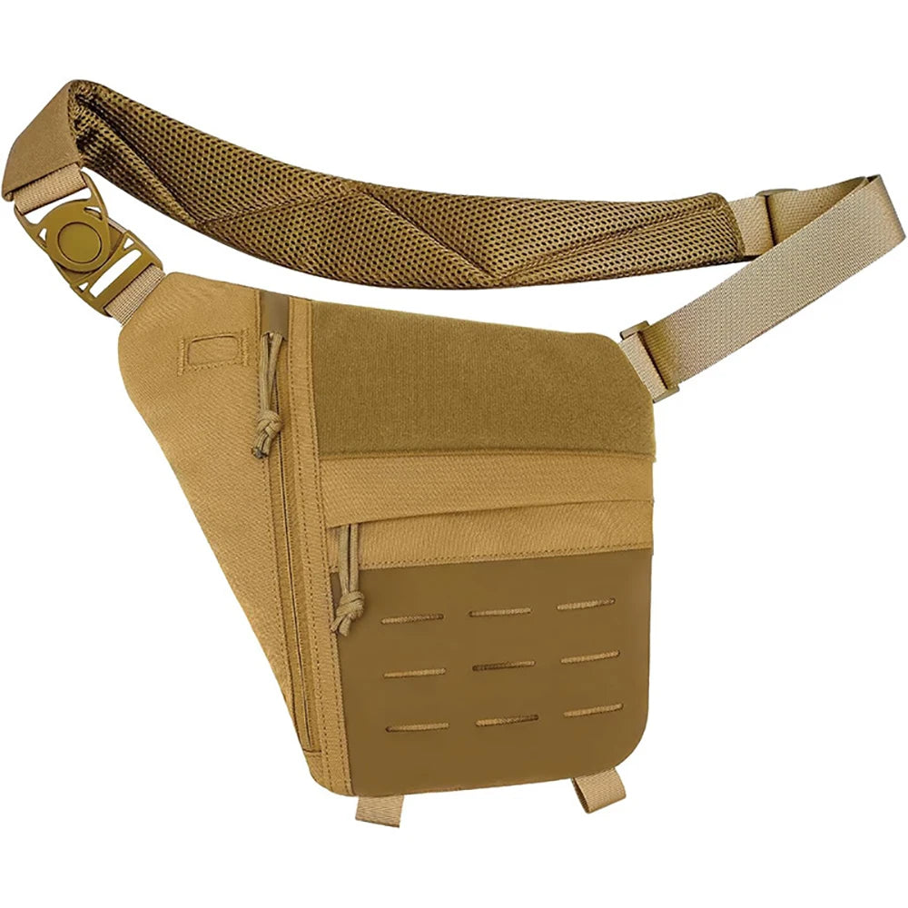 Tan tactical crossbody sling bag with a padded mesh strap, zip pocket, and MOLLE-style front panel.