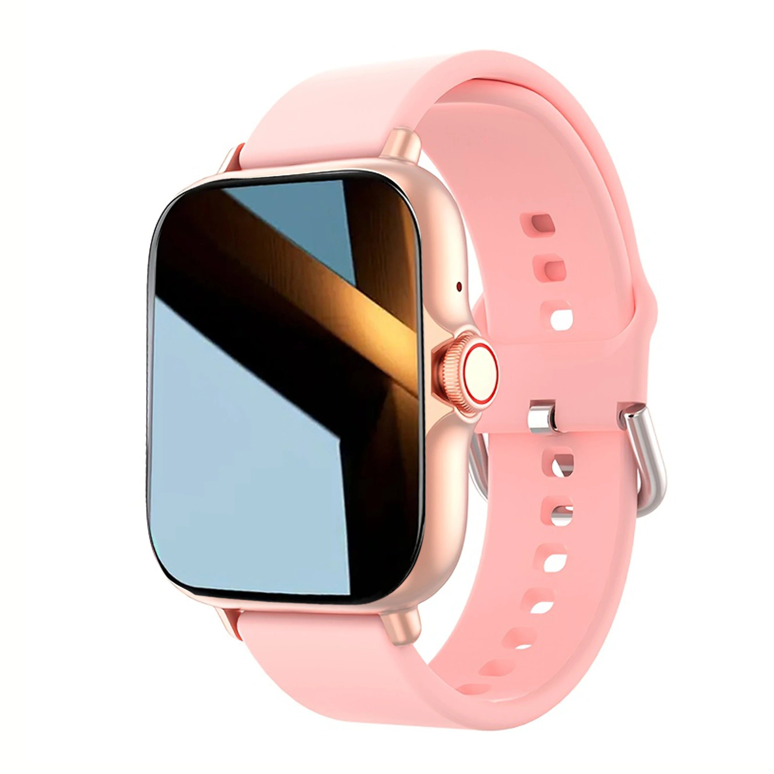 Rose gold smartwatch with a pale pink silicone strap, square touch display, and side control button.