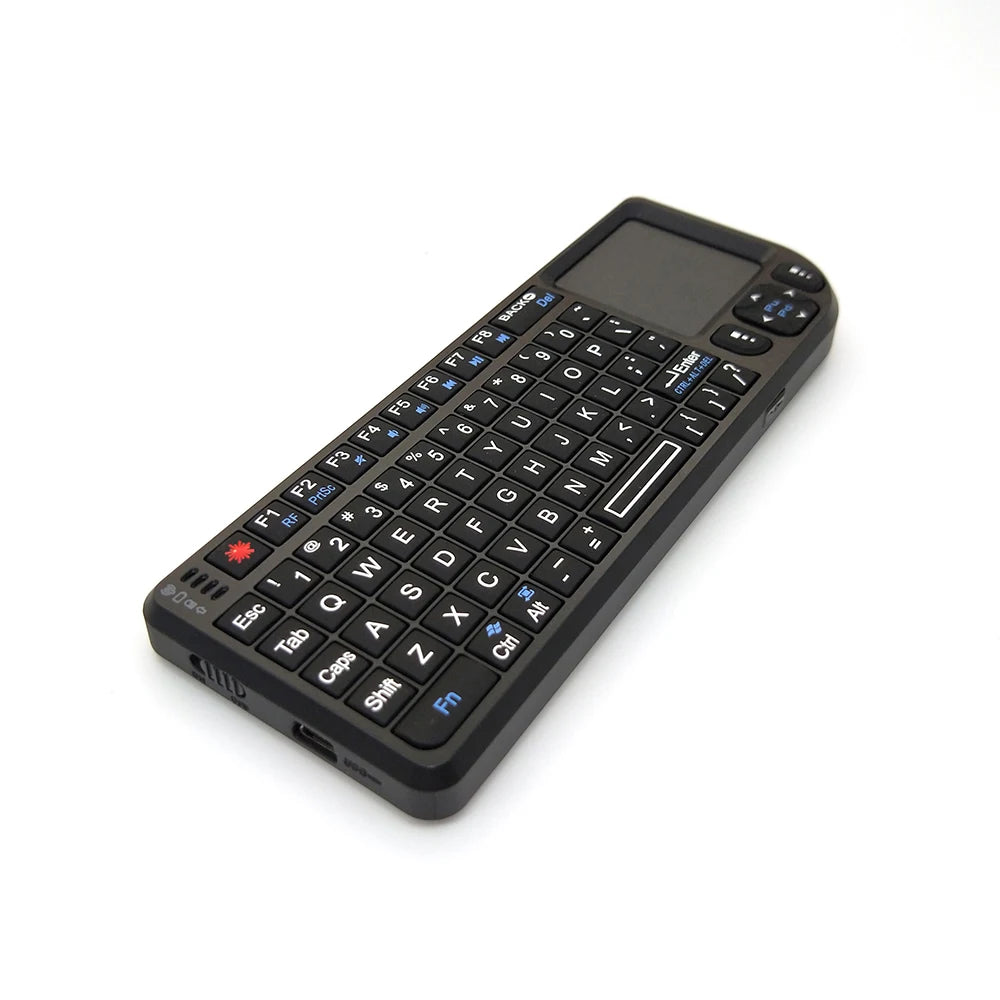 Black handheld wireless mini keyboard made of plastic, featuring a QWERTY layout and integrated trackpad.