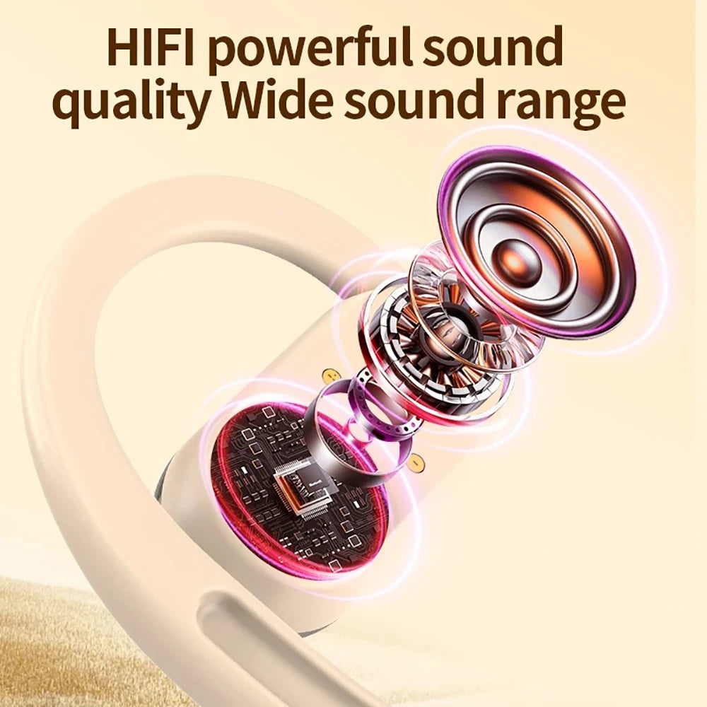 Cream-colored wireless earbud showing an exploded view of its internal speaker components and circuitry.