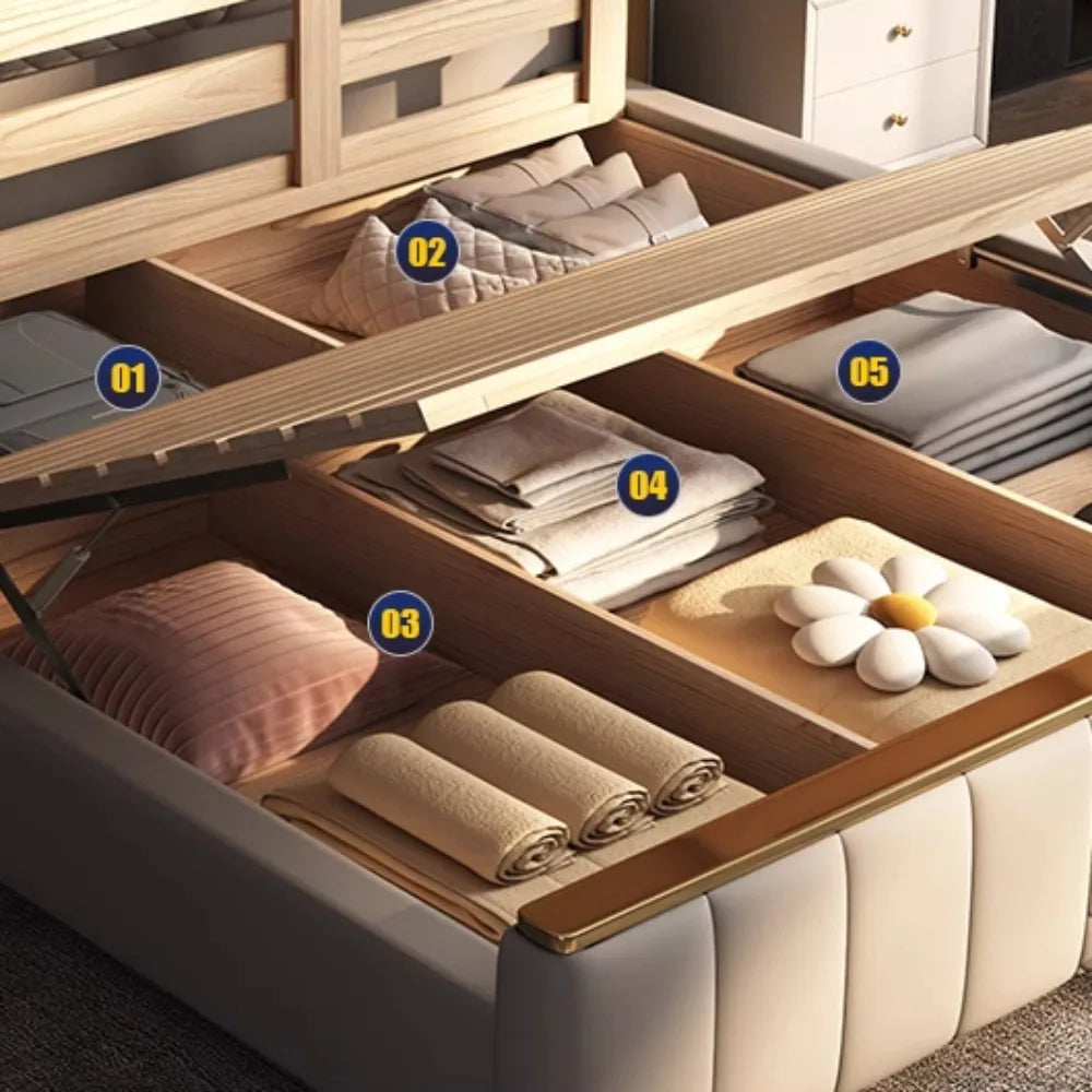 Minimalist wooden bed frame with a gas-lift base revealing spacious, organised under-bed storage compartments.