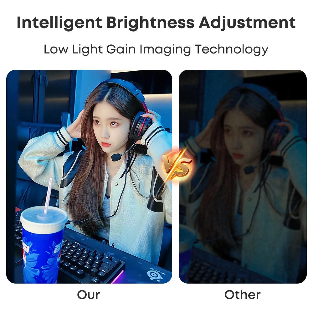 Comparison showing a Full HD webcam’s bright, clear image versus a dark, low-quality alternative.