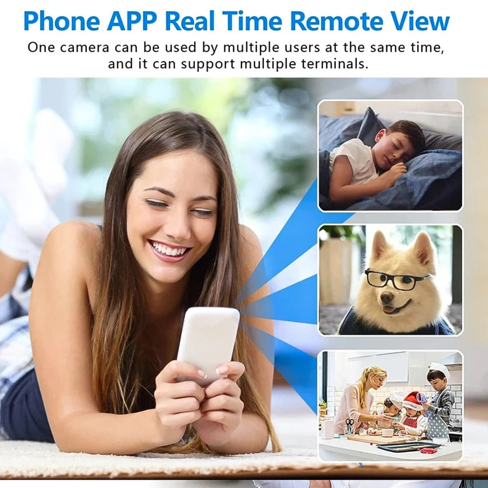 A woman views a security camera feed on a white smartphone showing a child, a dog, and a family in a kitchen.