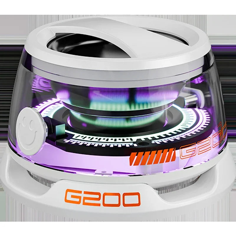 White portable Bluetooth speaker with a futuristic transparent design, vibrant purple RGB lighting, and phone holder.