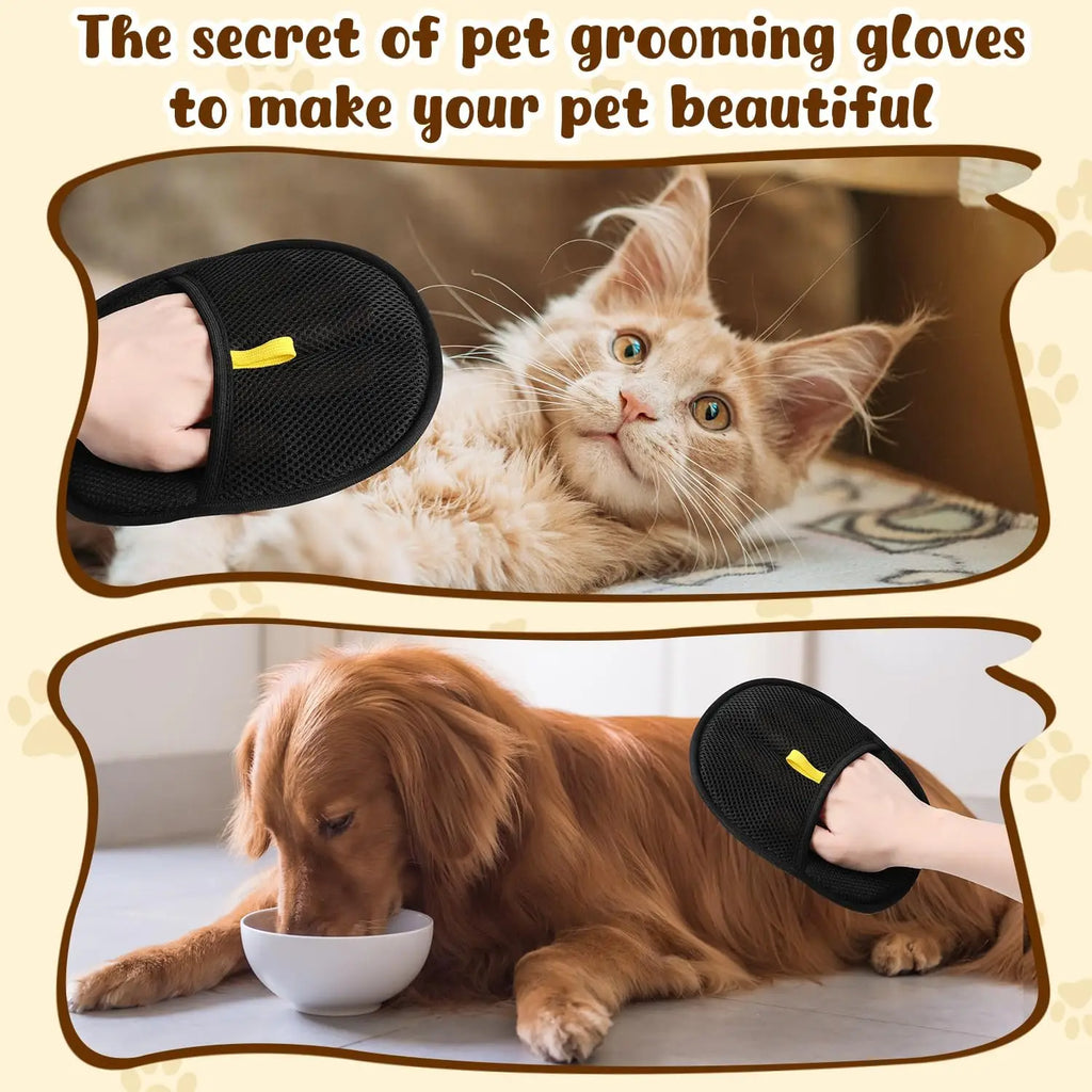 A black mesh pet grooming mitt being used to brush a ginger cat and a golden retriever.