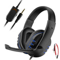 Black wired gaming headset with blue accents, adjustable microphone, and an integrated volume control cable unit.
