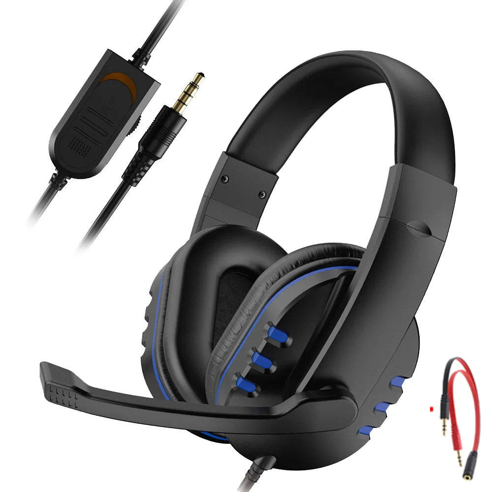 Black wired gaming headset with blue accents, adjustable microphone, and an integrated volume control cable unit.