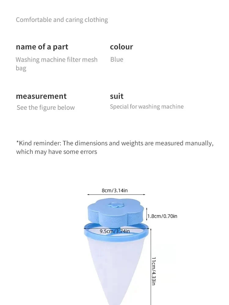 Blue, flower-shaped washing machine filter mesh bag with dimensions shown in centimetres and inches.