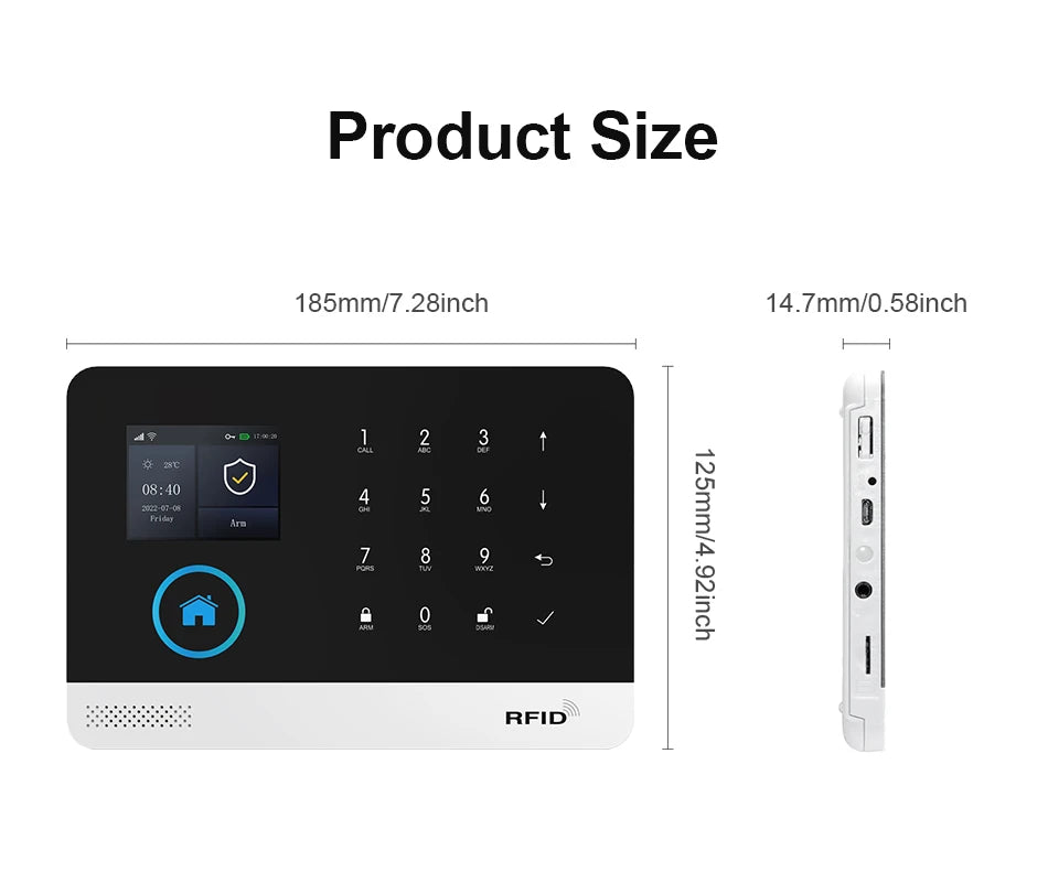 Black and white wireless alarm control panel with a digital touchscreen, keypad, and RFID sensor. Showing dimensions.