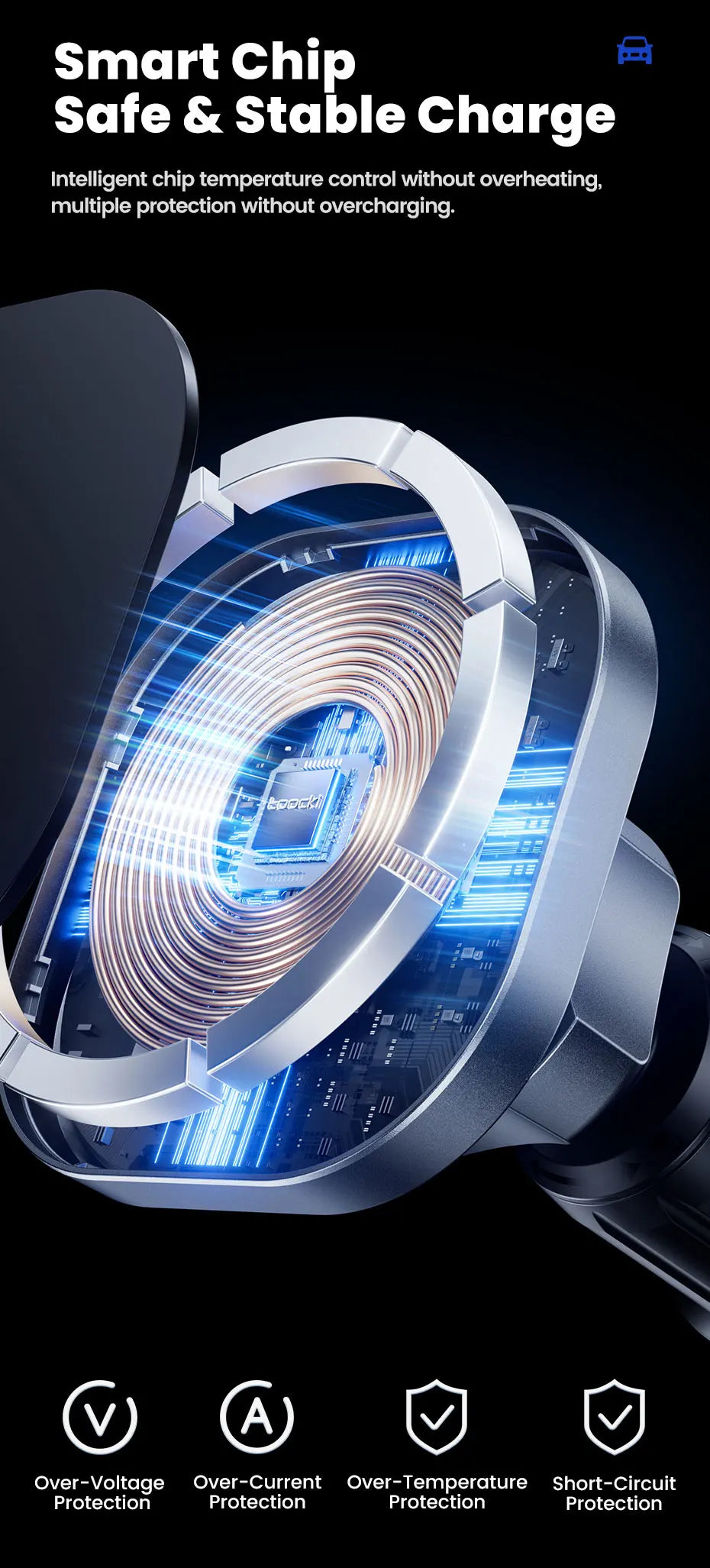 Close-up of a silver car charger showing internal copper coils and a glowing blue smart chip on a black background.
