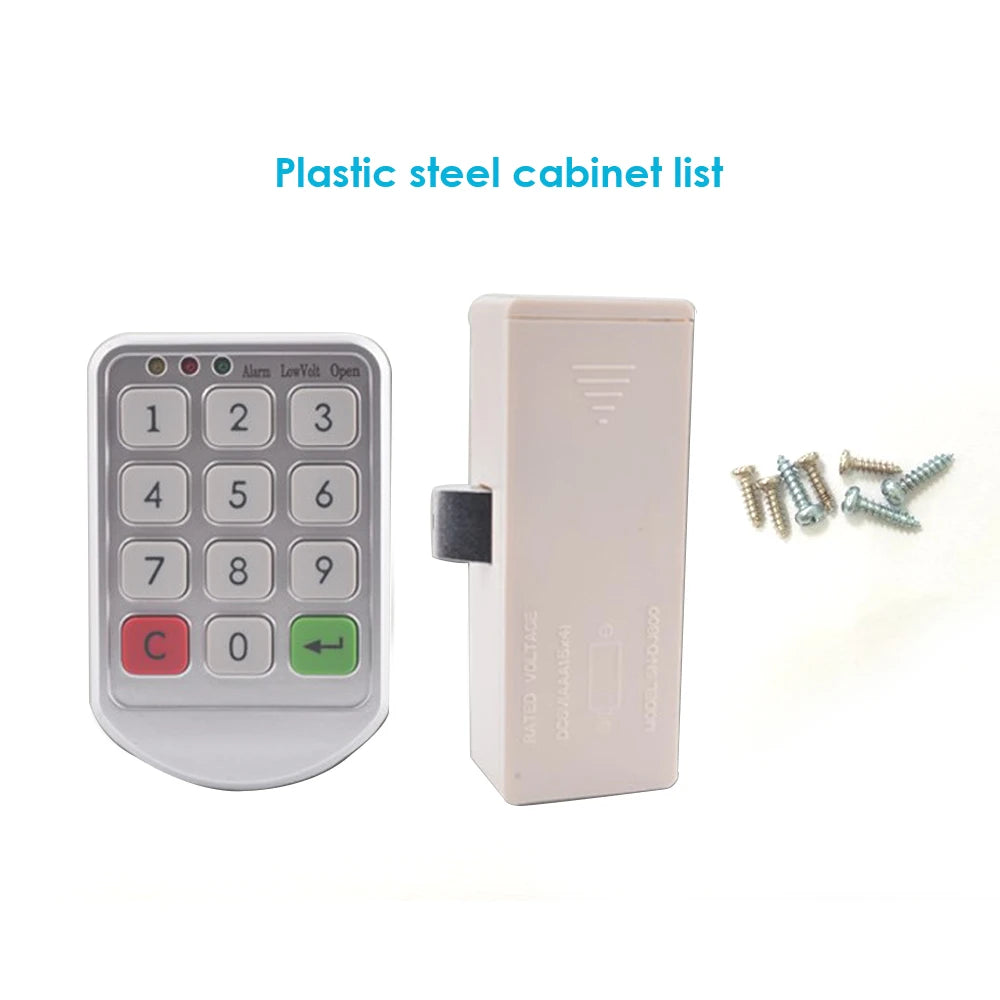 White plastic digital keypad cabinet lock with a latch, battery compartment, and set of metal mounting screws.