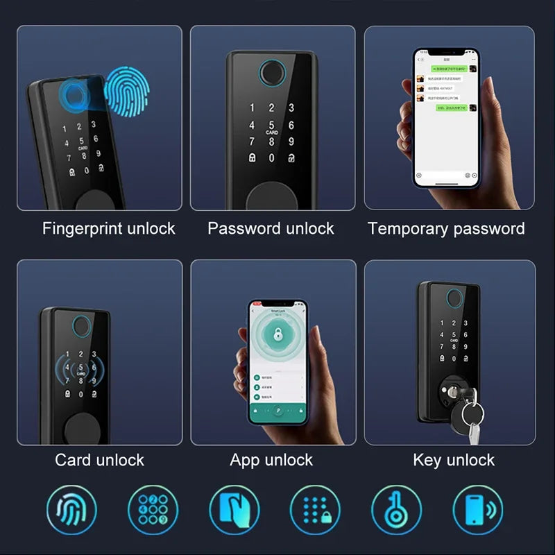 Black smart door lock with touchscreen keypad, fingerprint sensor, physical key slot, and app-controlled unlocking.
