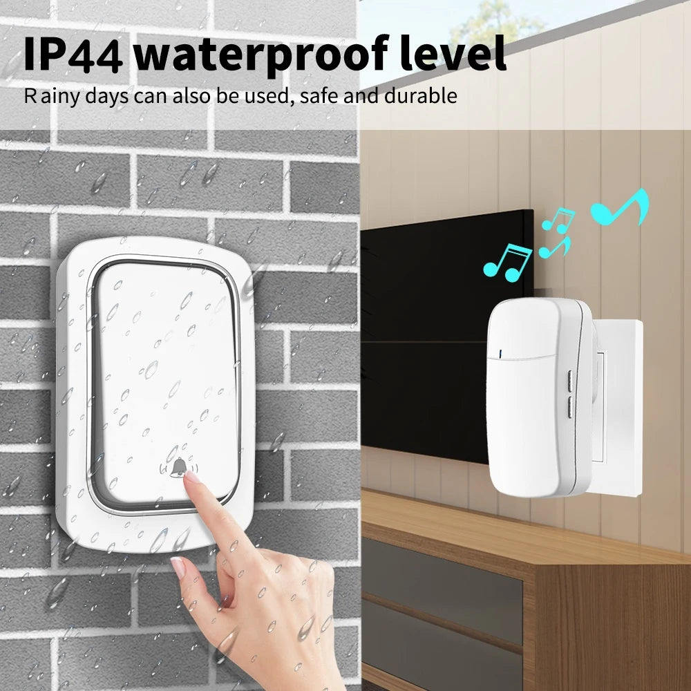 White, self-powered wireless doorbell and plug-in receiver, showing IP44 waterproof design with 38 chime options.