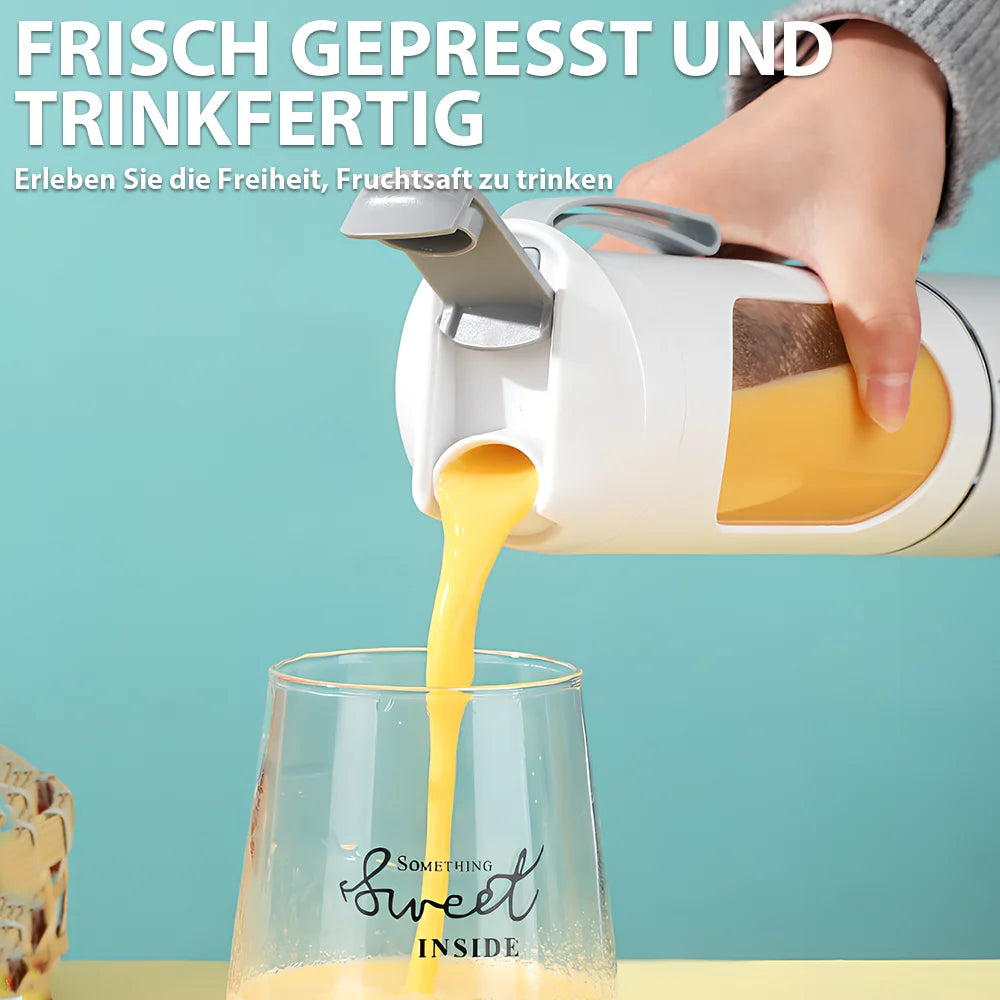 White portable blender pouring orange juice into a glass labeled "Something sweet INSIDE" against a teal background.