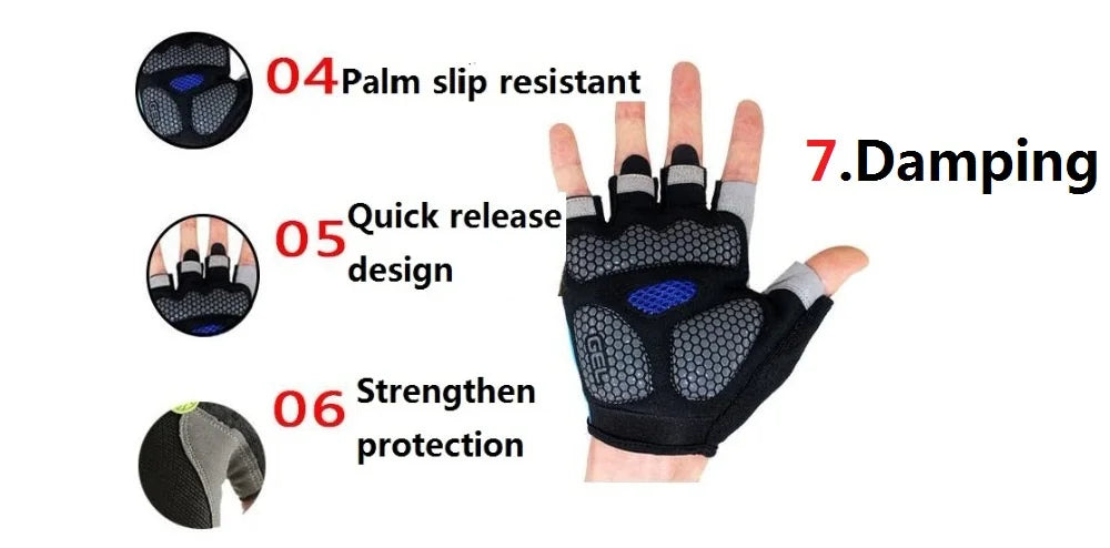 Black and grey fingerless cycling gloves with gel-padded palms, blue mesh accents, and quick-release tabs.