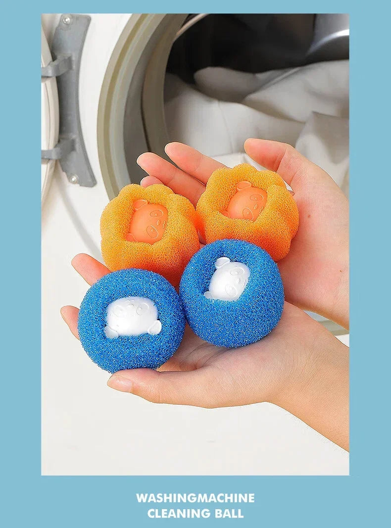 Four colourful, textured washing machine cleaning balls with cute bear centres held in a hand.