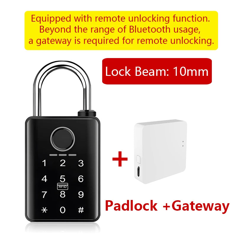 Black smart padlock with keypad and fingerprint reader, plus a small white Bluetooth gateway device.