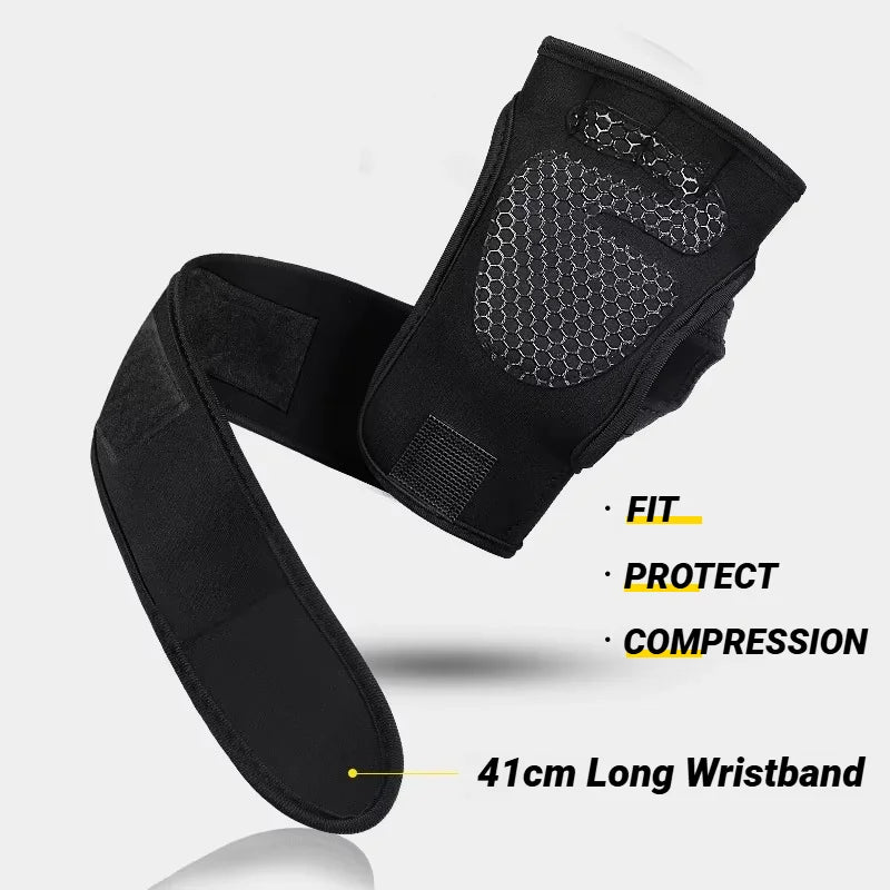 Black wrist compression support wrap with a honeycomb grip pattern and adjustable velcro strap.