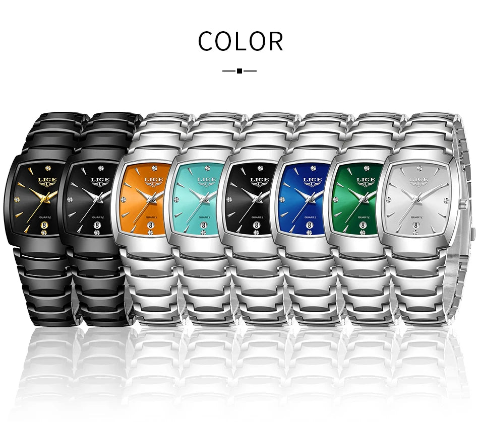 A row of eight ladies' stainless steel quartz watches in various dial colours, featuring stone hour markers and dates.
