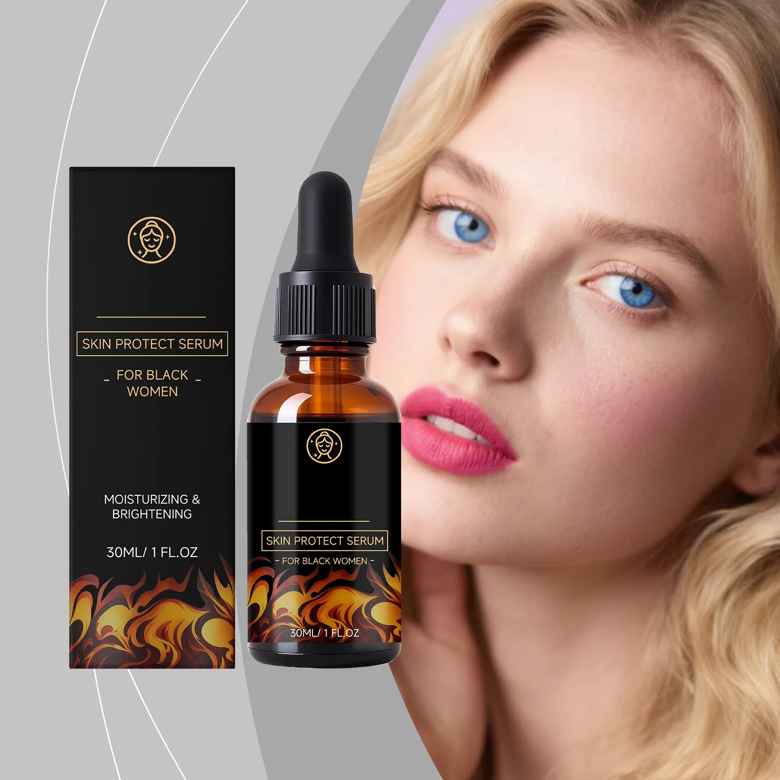 30ml Skin Protect moisturizing and brightening face serum in a black dropper bottle with fiery flame graphic.