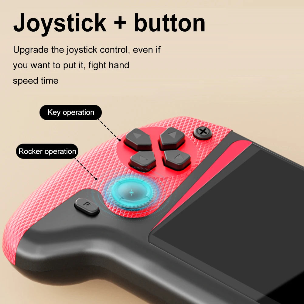 Red and black retro handheld game console showing directional buttons, a blue-lit joystick, and an LCD screen.