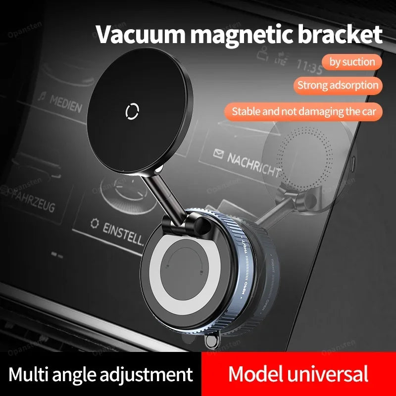 Black vacuum magnetic car phone mount with adjustable arm and circular suction base, mounted on a vehicle screen.