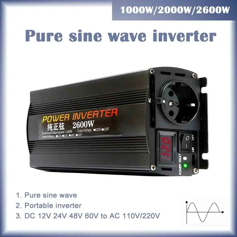 Black portable pure sine wave power inverter with a digital display, AC outlet, and power switch.