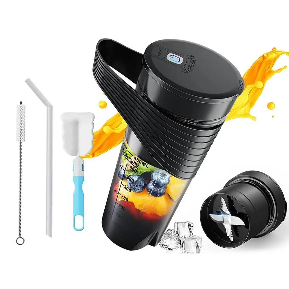 Portable black 460ml electric blender bottle with a textured grip, including a straw, cleaning brush, and blade base.