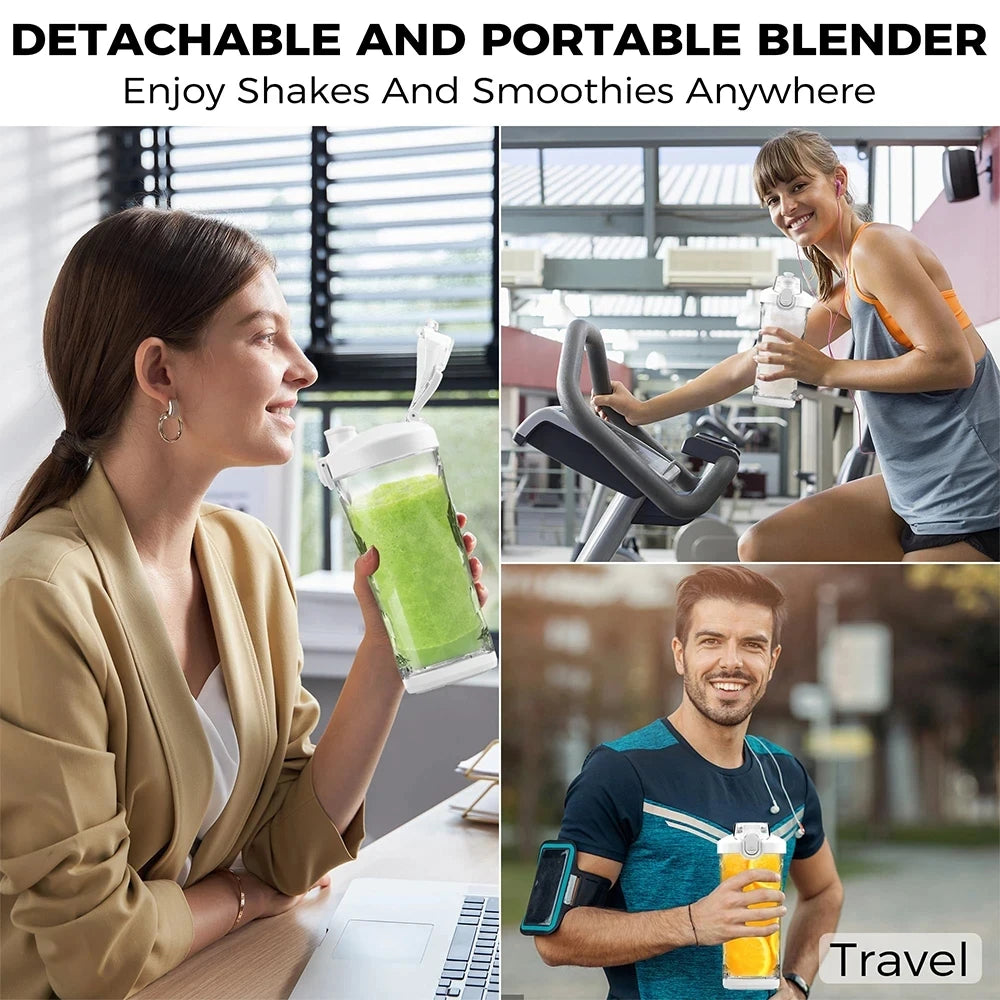 People using a portable, clear plastic blender bottle with a white lid, shown for office, gym, and travel use.
