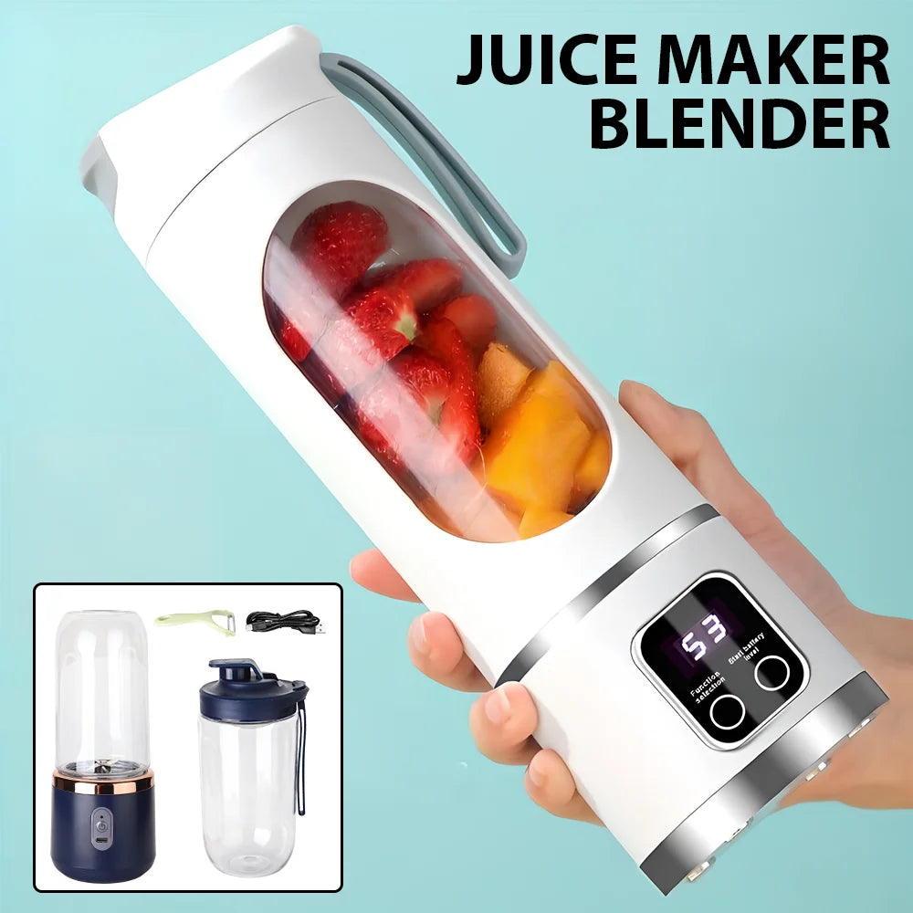 White portable electric blender with digital display, containing fruit, shown with accessories in an inset box.