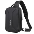 Black, modern anti-theft crossbody bag with a combination lock, adjustable strap, and side USB charging port.