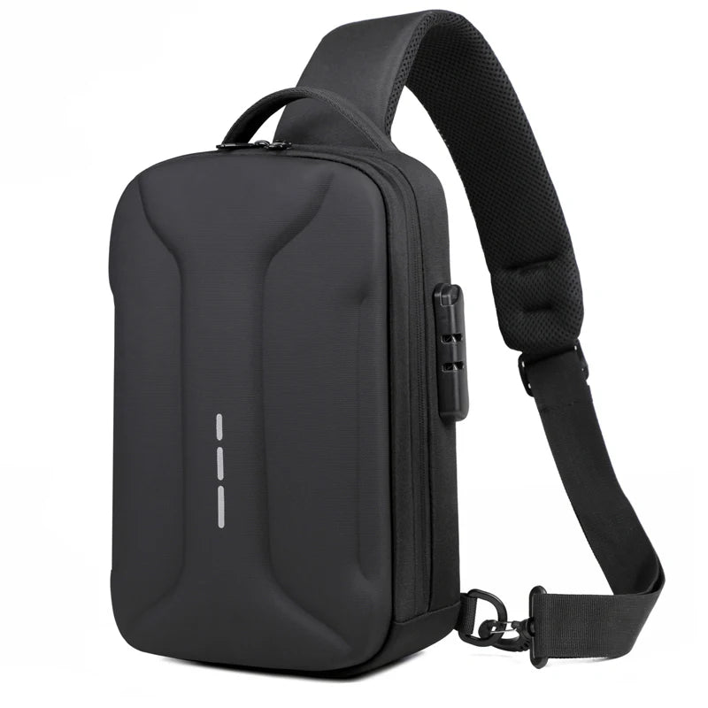 Black, modern anti-theft crossbody bag with a combination lock, adjustable strap, and side USB charging port.