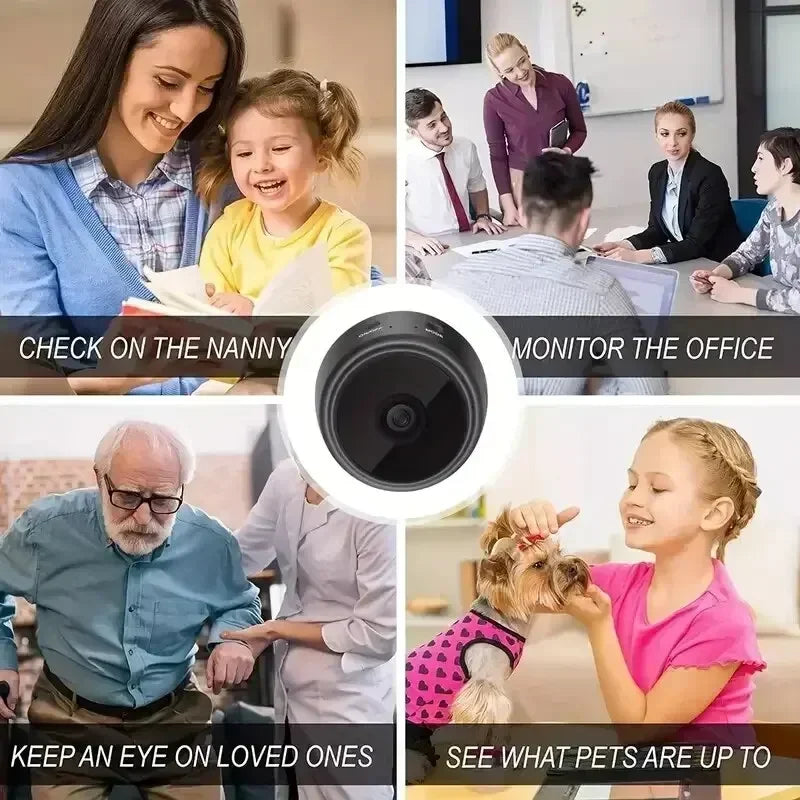 Small, round, black plastic wireless security camera shown with images of various indoor home and office uses.