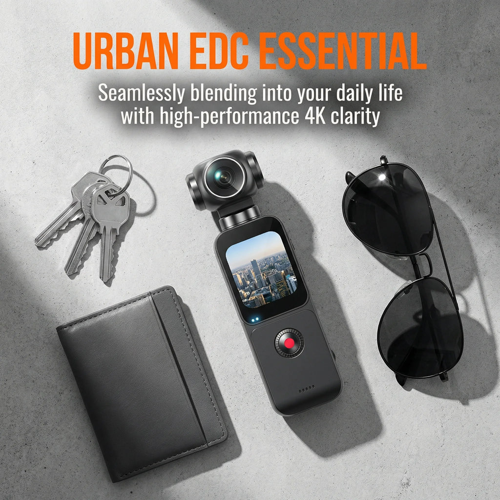 Black 4K handheld gimbal camera with a touchscreen, shown alongside keys, sunglasses, and a wallet on a concrete surface.