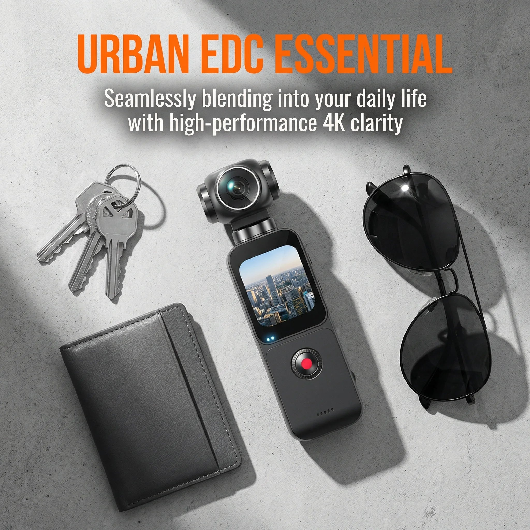 Black 4K handheld gimbal camera with a touchscreen, shown alongside keys, sunglasses, and a wallet on a concrete surface.