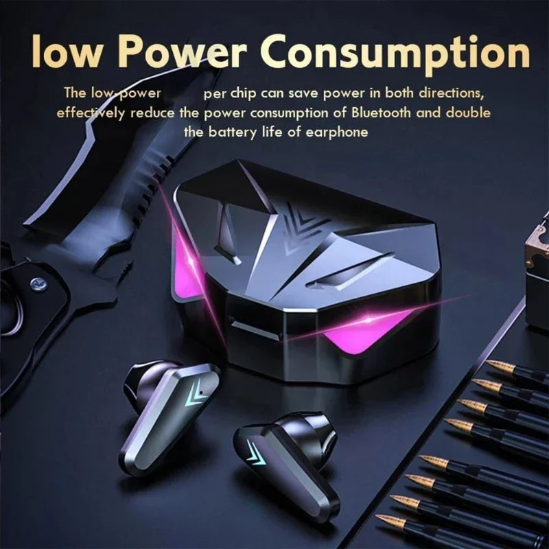 Wireless gaming earbuds with a black, angular, aggressive design and glowing pink LED accents in the charging case.