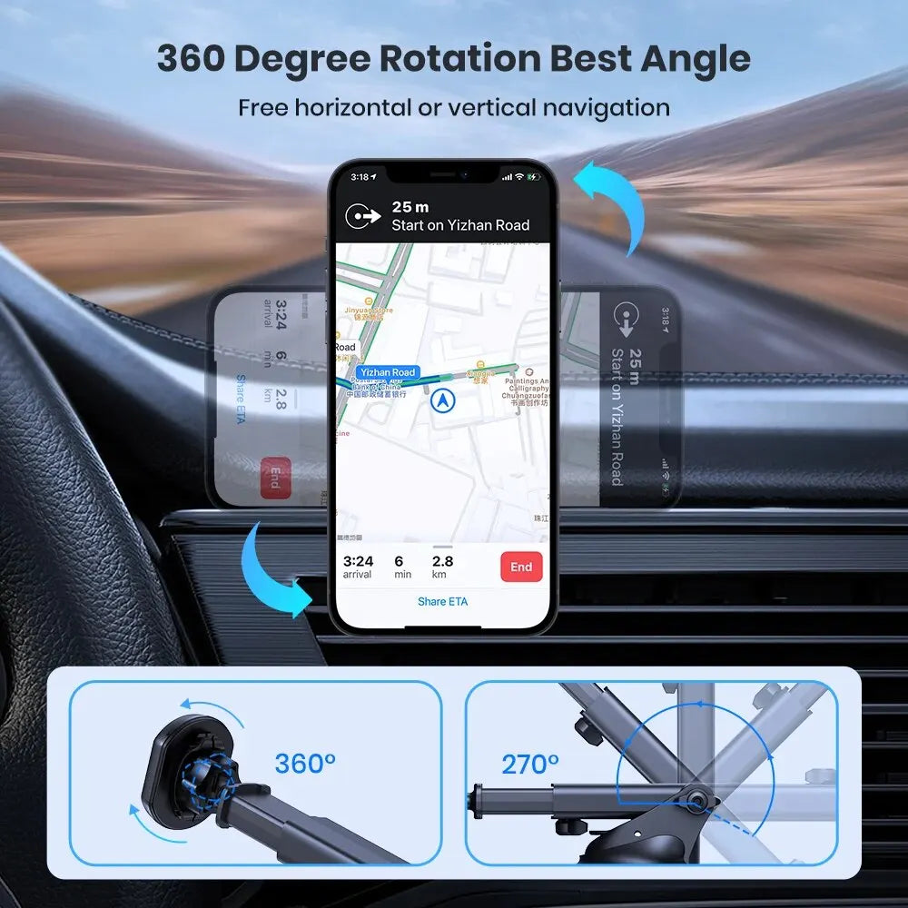 Black car phone mount on a dashboard, showcasing 360-degree rotation and adjustable viewing angles for navigation.