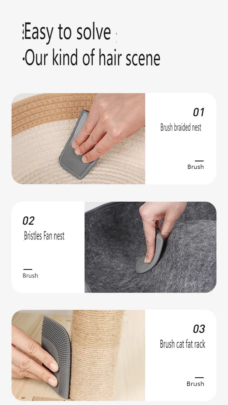 Grey silicone pet hair removal brush shown cleaning a woven basket, felt surface, and sisal scratching post.