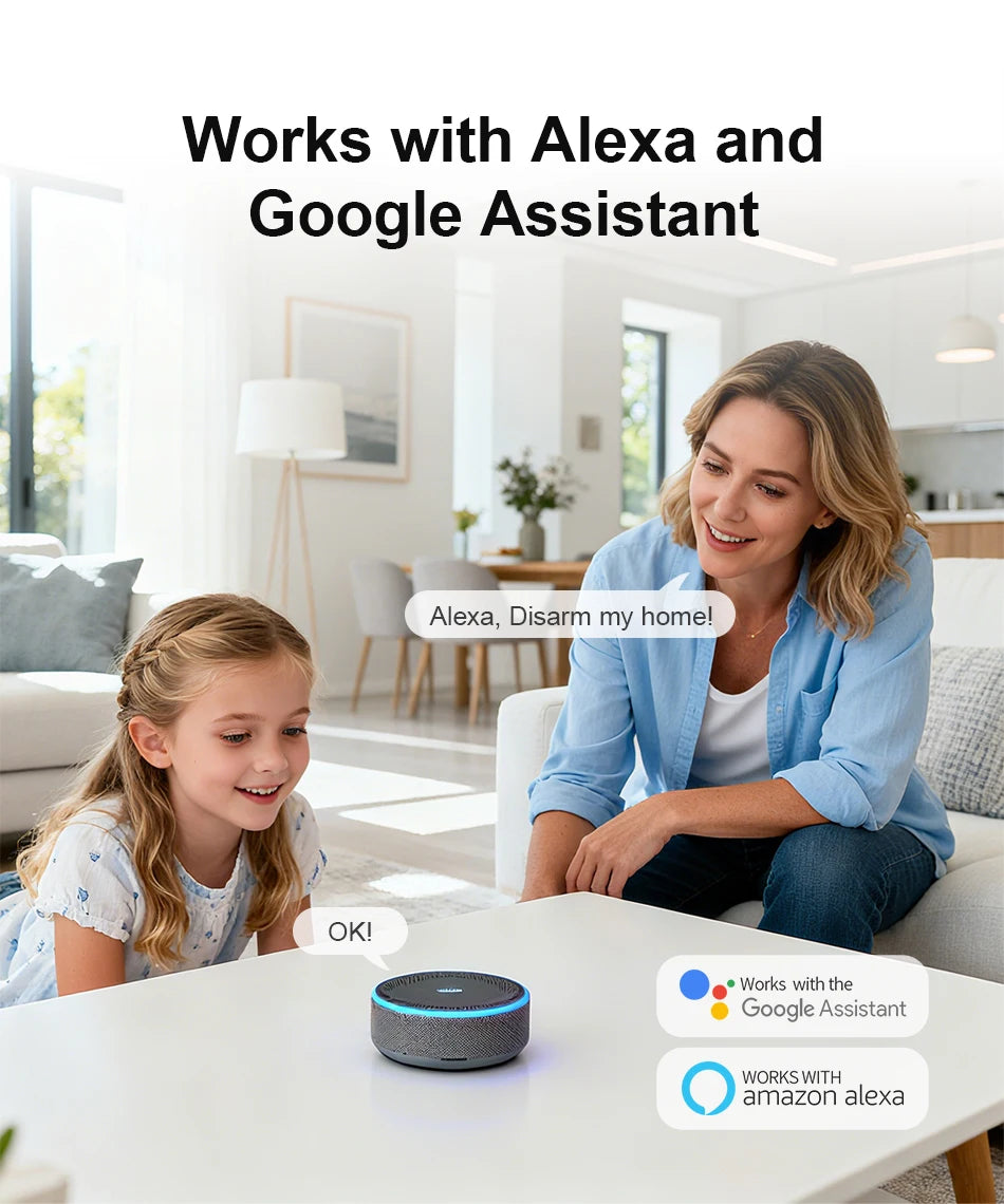 Woman and child interacting with a smart home voice assistant speaker on a living room table.