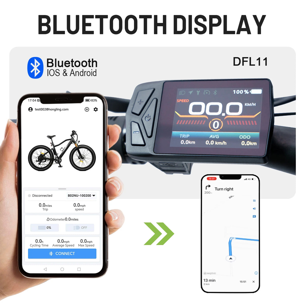 Black DFL11 Bluetooth e-bike display mounted on handlebars, paired with smartphone app showing stats and navigation.