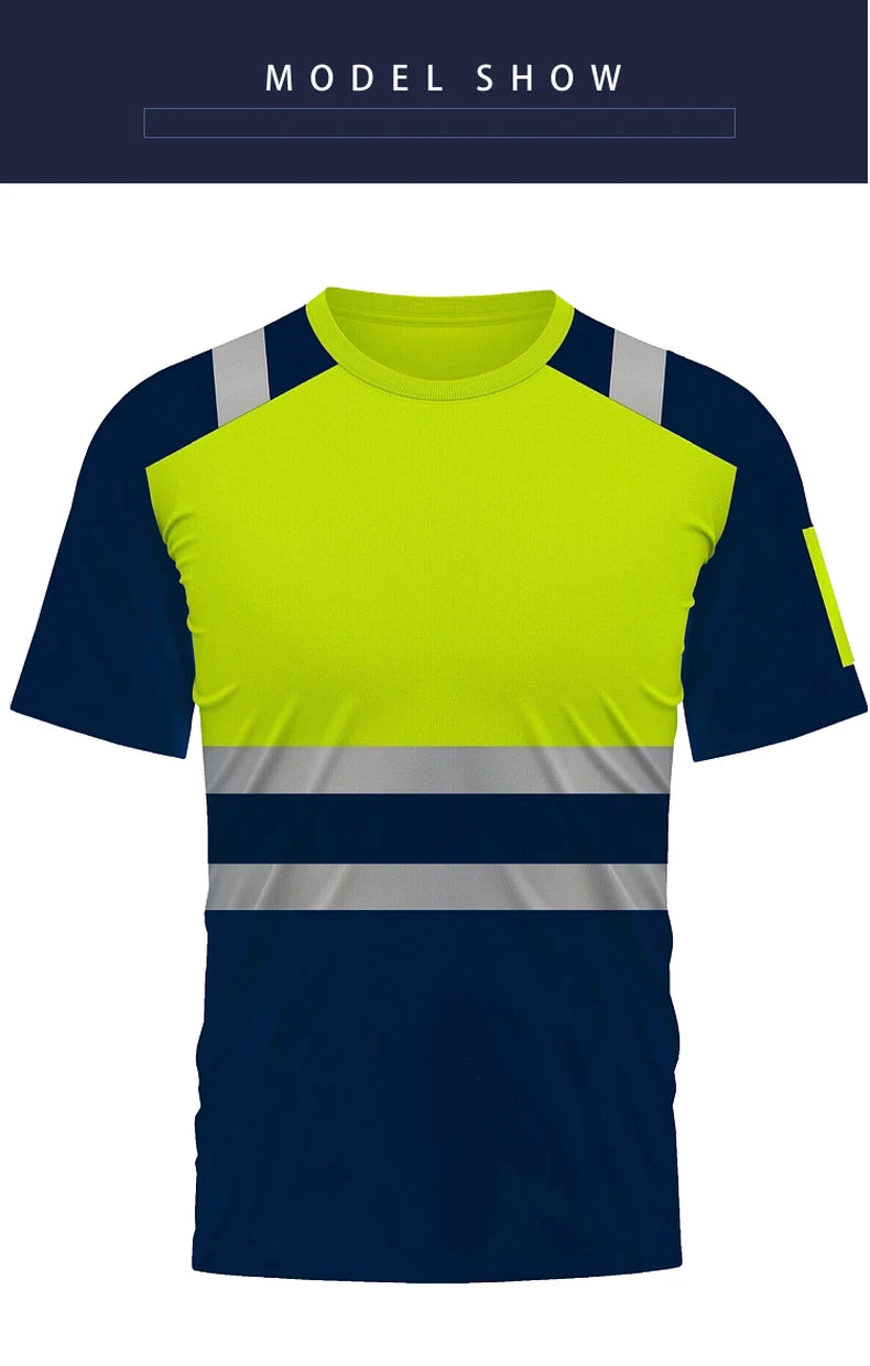 Men’s short-sleeve hi-vis work T-shirt in yellow and navy with silver reflective stripes on the chest and shoulders.