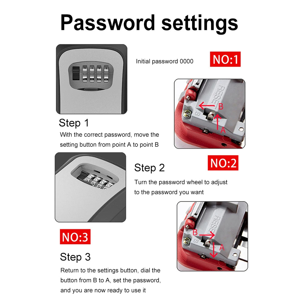 Instructions for setting a 4-digit password on a grey metal key lock box using an internal reset button.